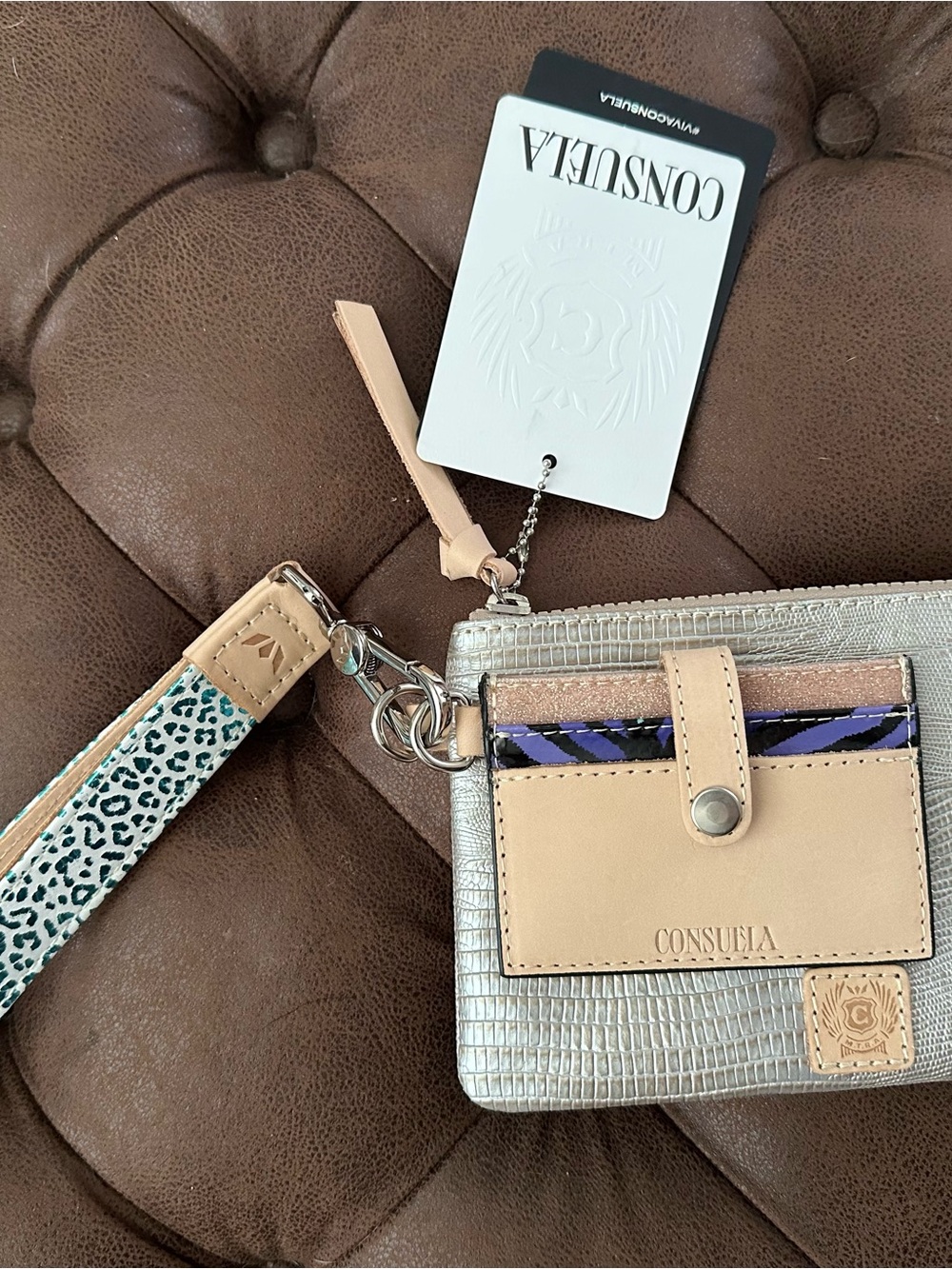 Consuela Beige and Silver Wristlet Card Holder with Purple Accent